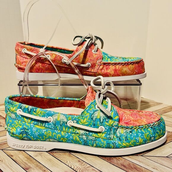 Sperry Topsider X Brooks Brothers Boat Shoes M 5.5 W 7 Pink Aqua Sheep $138 - Picture 2 of 7